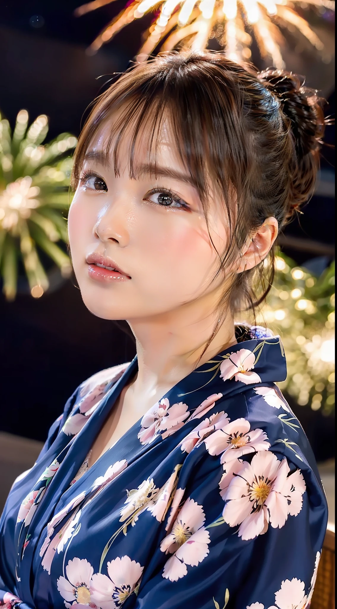 Top quality, fine detail, (beautiful one girl))), highly detailed eyes and face, fireworks, yukata, looking up at fireworks, ponytail, profile, sparkle in the eyes