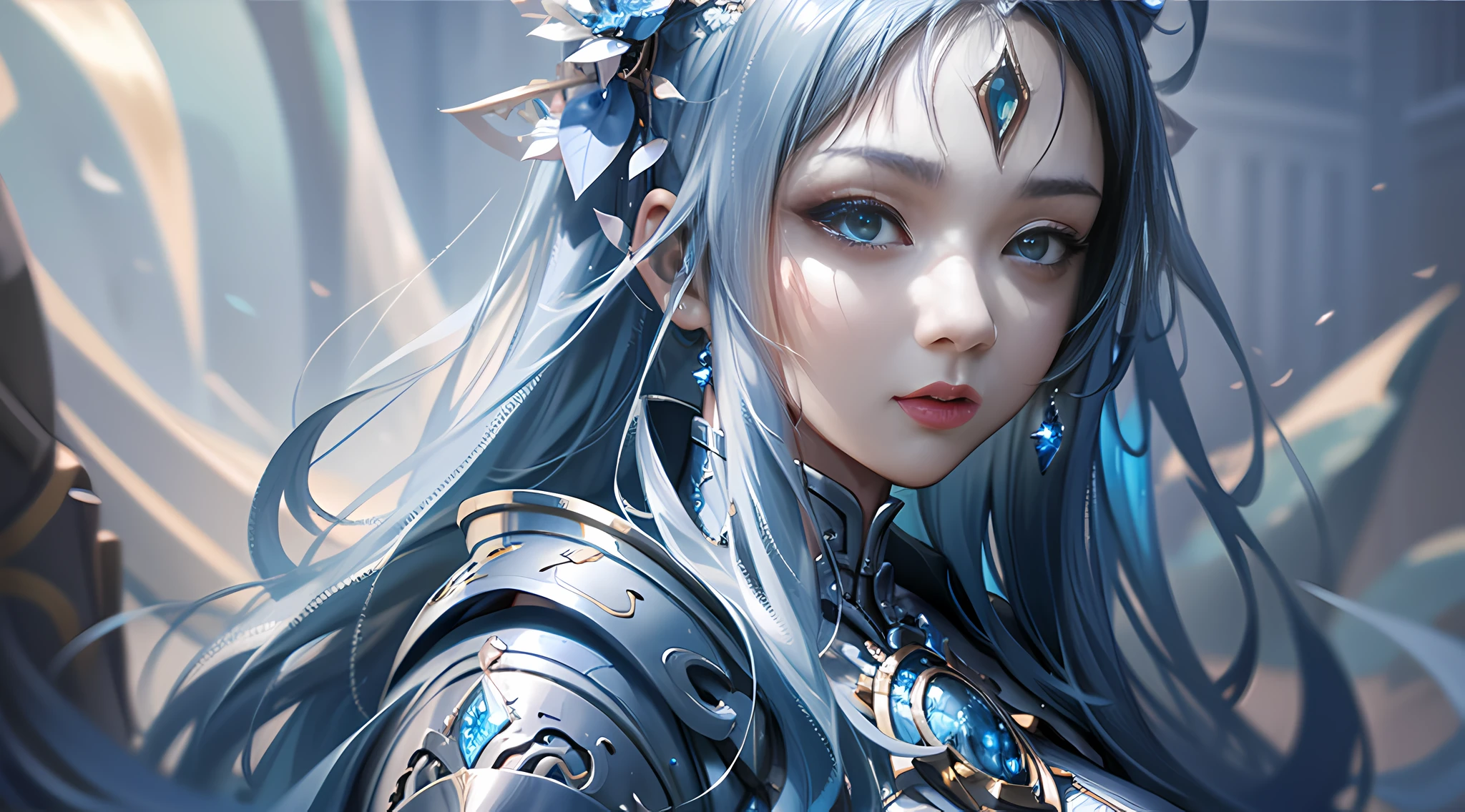 ภาพระยะใกล้ของผู้หญิงในชุดสีเงินและสีน้ำเงิน, เฉิงเว่ยแพนบน artstation, โดย Yang J, ศิลปะแฟนตาซีที่มีรายละเอียด, ศิลปะตัวละครที่น่าทึ่ง, fanart สุดยอด artstation, ศิลปะตัวละครที่ยอดเยี่ยมและประณีต, เกราะที่สวยงาม, เชื้อโรคอาร์ทีเอ็มที่มีรายละเอียดมาก, รายละเอียดศิลปะอะนิเมะดิจิทัล, artgerm บน artstation pixiv, สาวชุดเกราะ