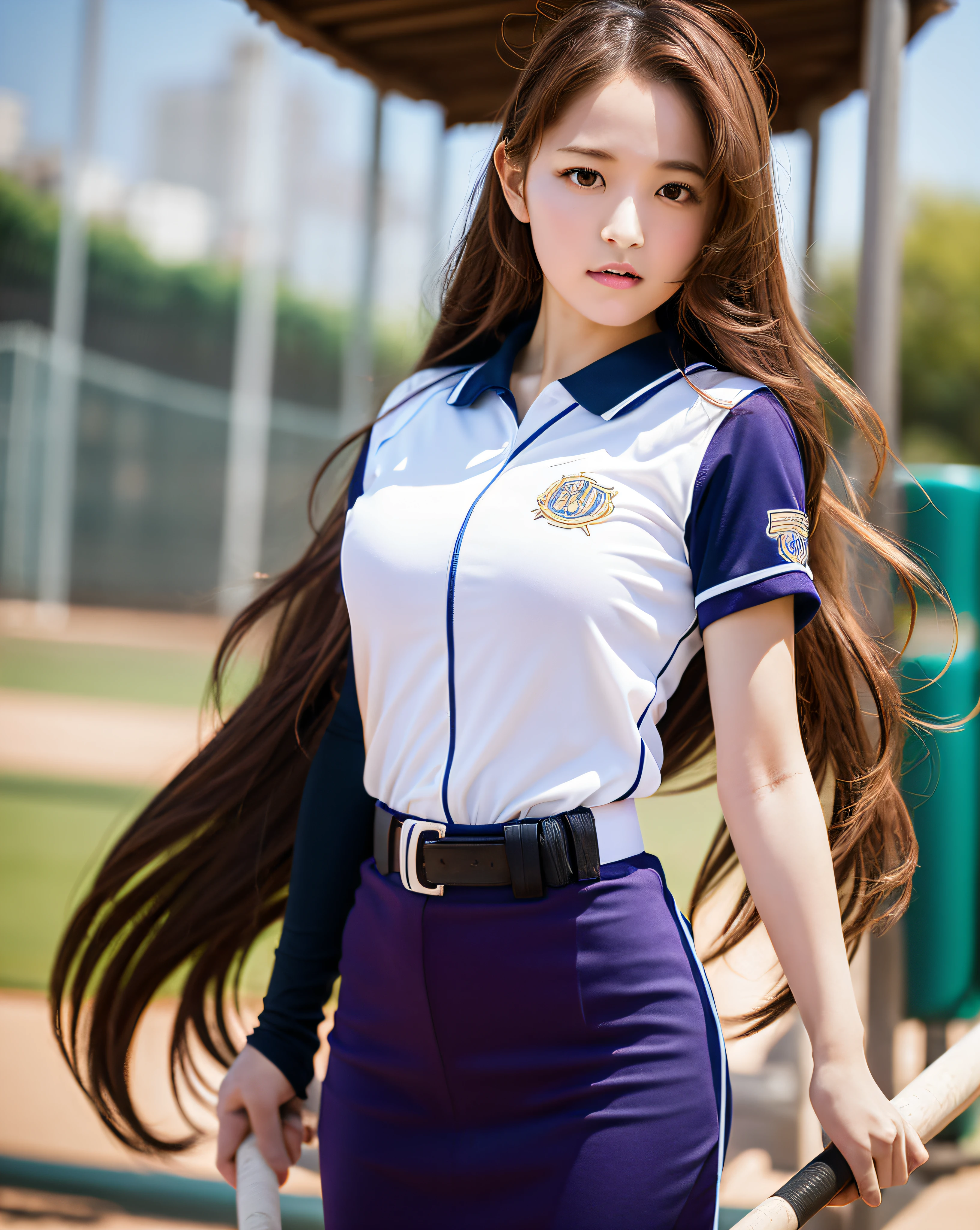 tiro medio, béisbol_Uniforme mujer hermosa (cabello muy largo, viento fuerte: 1.2), grande, armas, uno, Cuerpo delgado, manos delicadas, patio de juegos, sol fuerte, (enfoque nítido, Enfoque ocular, calidad superior, detalles realistas, imagen clara, Alta resolución)