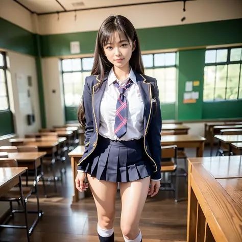 "(masterpiece, best image quality, 1girl, schoolgirl with beautiful face, high resolution, perfect style, school uniform, socks,...