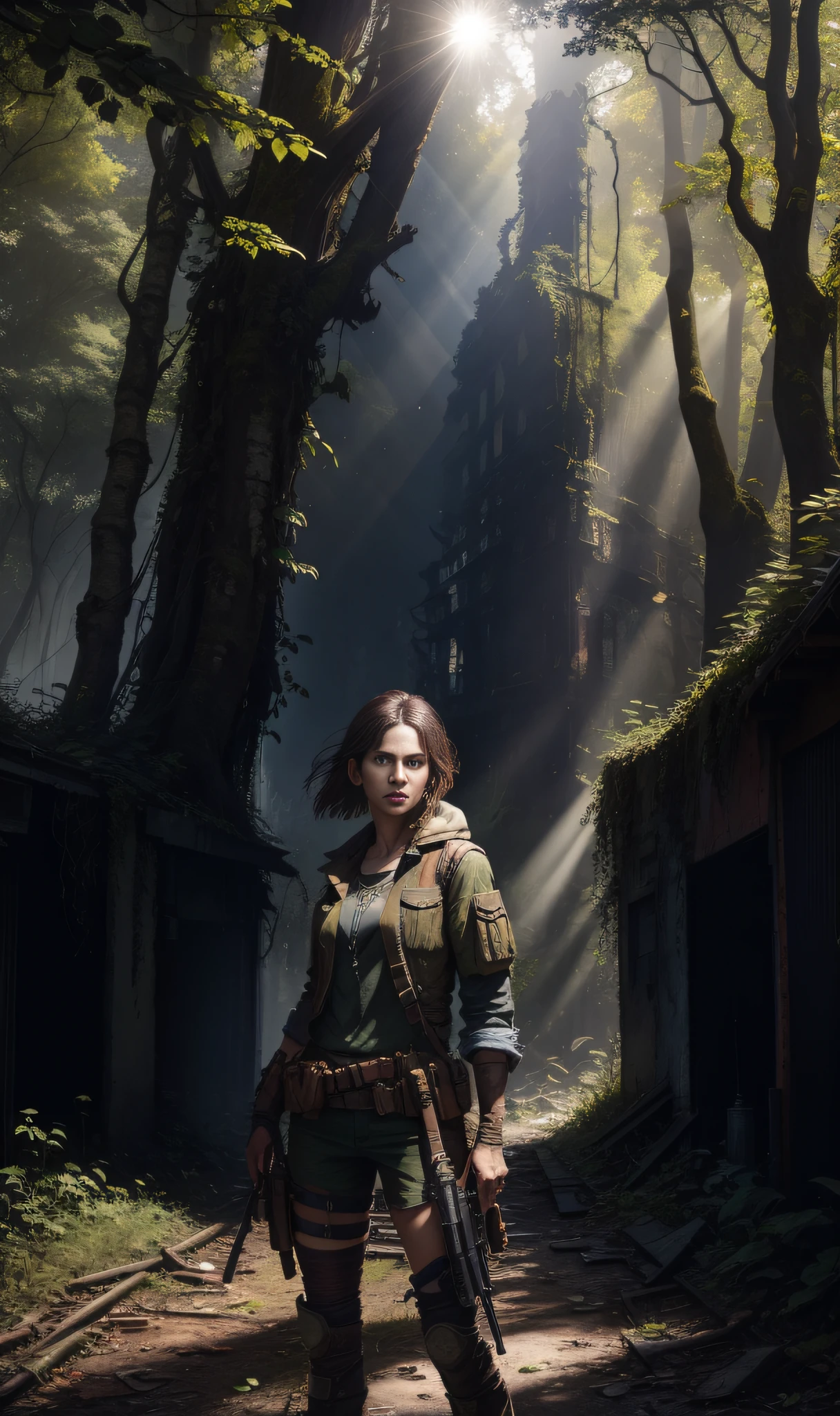 masterpiece, best quality, highres, ellie williams in a post-apocalyptic environment, standing in a large field surrounded by overgrown greenery, holding a weapon, determined expression on her face. The background shows an old city, covered in thick foliage and forests, the remains of the buildings can be seen peeking through the greenery, daylight, the sun shining through the trees. unique blend of nature reclaiming what was once urban and the remnants of a city once stood, concept art, Naughty Dog studio, highly detailed face, looking at viewer, trending on ArtStation, trending on CGSociety, intricate, high detail, highly detailed, sharp focus, dramatic, photorealistic, realistic, sci-fi, fantasy, octane render, row photograph, depth of field, sunbeam,