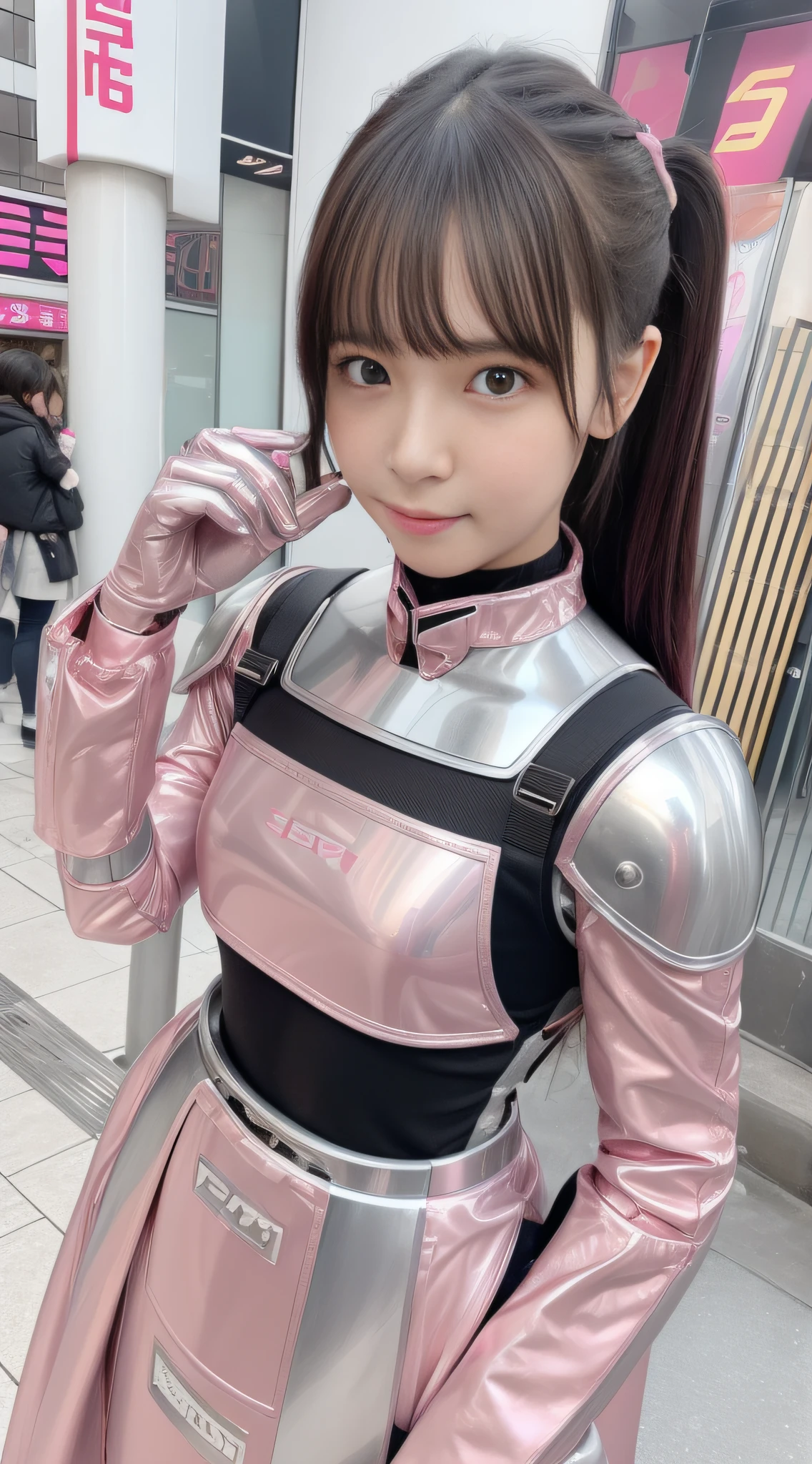 Mecha Girl, Pink, Silver, Metallic, Robot Parts, Detailed Face, Best Quality, Small Face, Full Body, Standing, Black Hair, Half Twin, Thin, Camera Gaze, Mechanical Exposure, Idol, Live Action,, 7 Heads, Gravure, Photo Session, Akihabara, Moe, Front