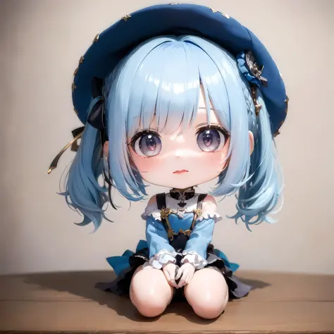 A doll in a hat sitting on a table drinking Coke, watercolor Nendoroid. The style is like Nendoroid, little curvy loli, and realistic portraits of kawaii. She is a little loli girl with sad azure eyes and Mikudayo designed by Nendroid. This shot was captur...