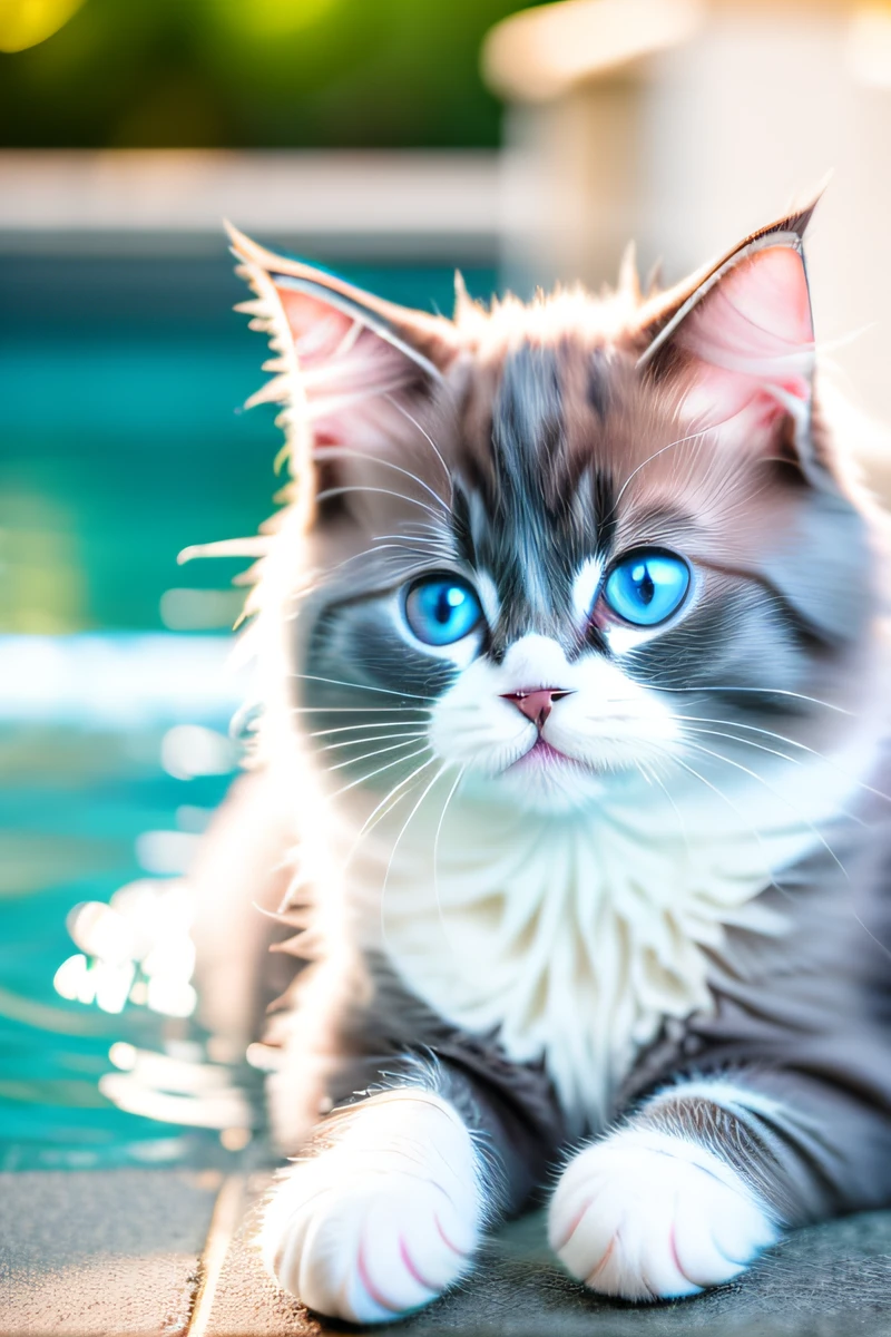 Chaton mignon Ragdoll chat,sourire,nageant dans la piscine,le corps est mouillé,yeux fermés,eos r3 28mm