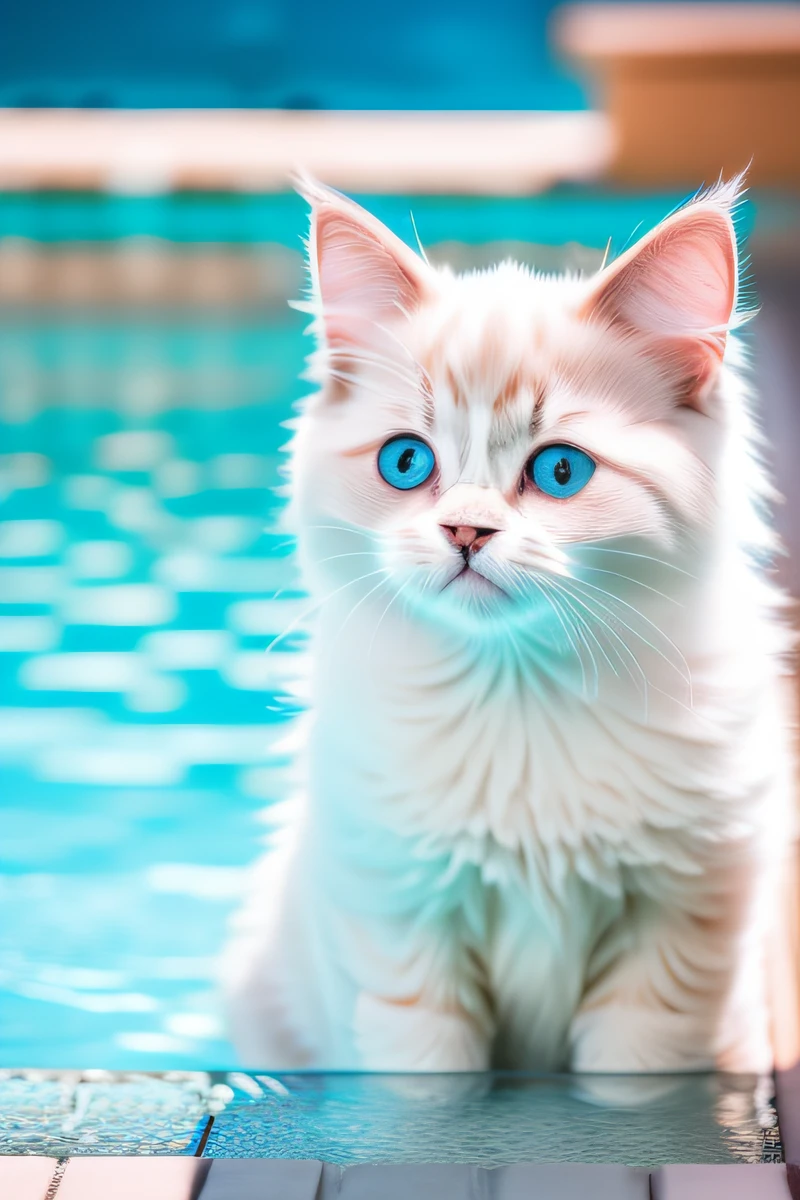 Chaton mignon Ragdoll chat,sourire,nageant dans la piscine,le corps est mouillé,yeux fermés,eos r3 28mm