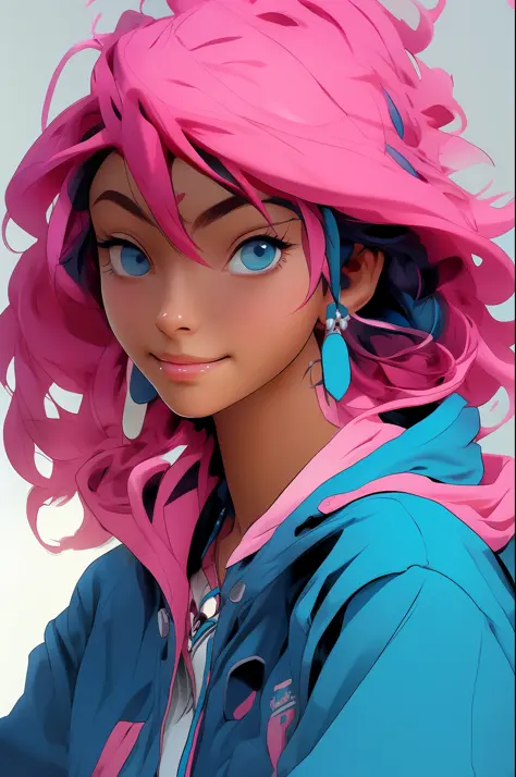 a young cartoon character with colorful hair and blue eyes wearing an adidas dark blue hooded jacket and a mini blouse underneat...