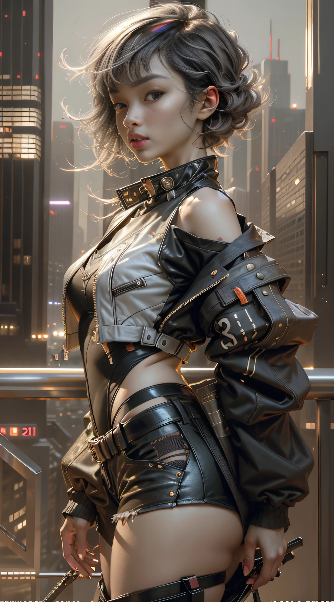 (magazine cover:1.3), (original: 1.2), masterpiece, best quality, beautiful clean face, (full body:1.1), lucy \(cyberpunk\), 1girl, against railing, arm rest, bangs, bare shoulders, belt, black belt, black leotard, black pants, blurry, bob cut, breasts, building, cityscape, clothing cutout, cropped jacket, cyberpunk, depth of field, from side, gradient eyes, grey eyes, grey hair, jacket, leotard, lips, long sleeves, mechanical parts, medium breasts, multicolored eyes, multicolored hair, night, night sky, off shoulder, open clothes, open jacket, outdoors, pants, parted lips, railing, red eyeliner, science fiction, short hair with long locks, short shorts, shorts, sidelocks, sky, solo, standing, thigh cutout, white jacket, white shorts,