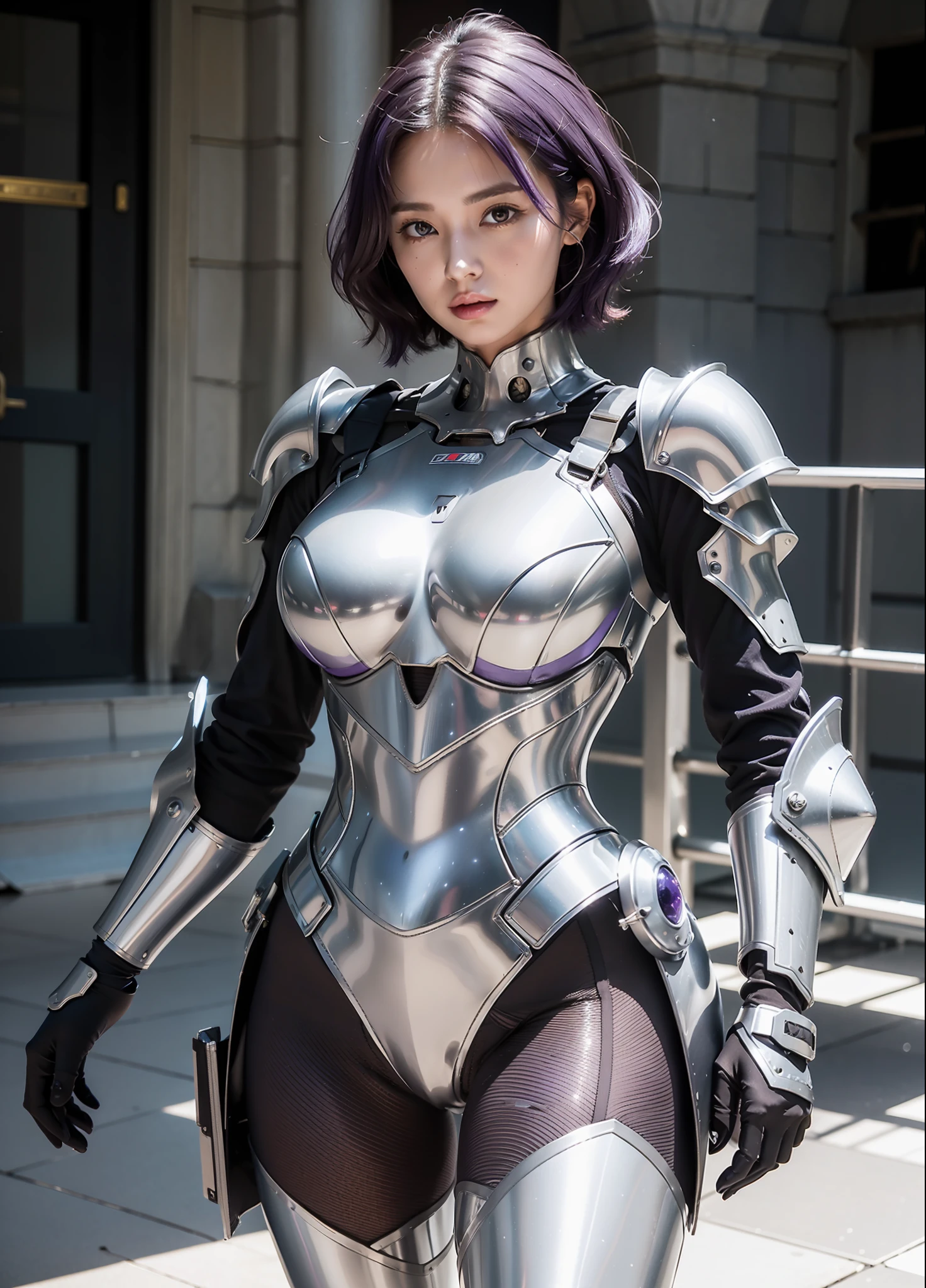 Estilo 3DMM,um retrato nu de um gigante [sedutora|Querida] , ficção científica, [(crNanosuit|guerra_Glamour)::0.5], [power armaduras|armaduras] ,armadurased, Vestindo [(crNanosuit|guerra_Glamour)::0.5]_peitoral, Rosto Perfeito, cara bonita, olhos roxos, Cabelo roxo, cabelo muito curto, Peito plano, detalhe exuberante, absurdos