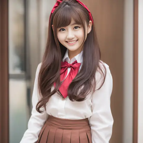 Super detailed,beautiful cute Japan woman with long brown hair, 23 years old, upper body image, Japan girls' high school uniform, red bow tie, shy smile, high quality, perfect anatomy, correct anatomy, perfect proportions, 8K