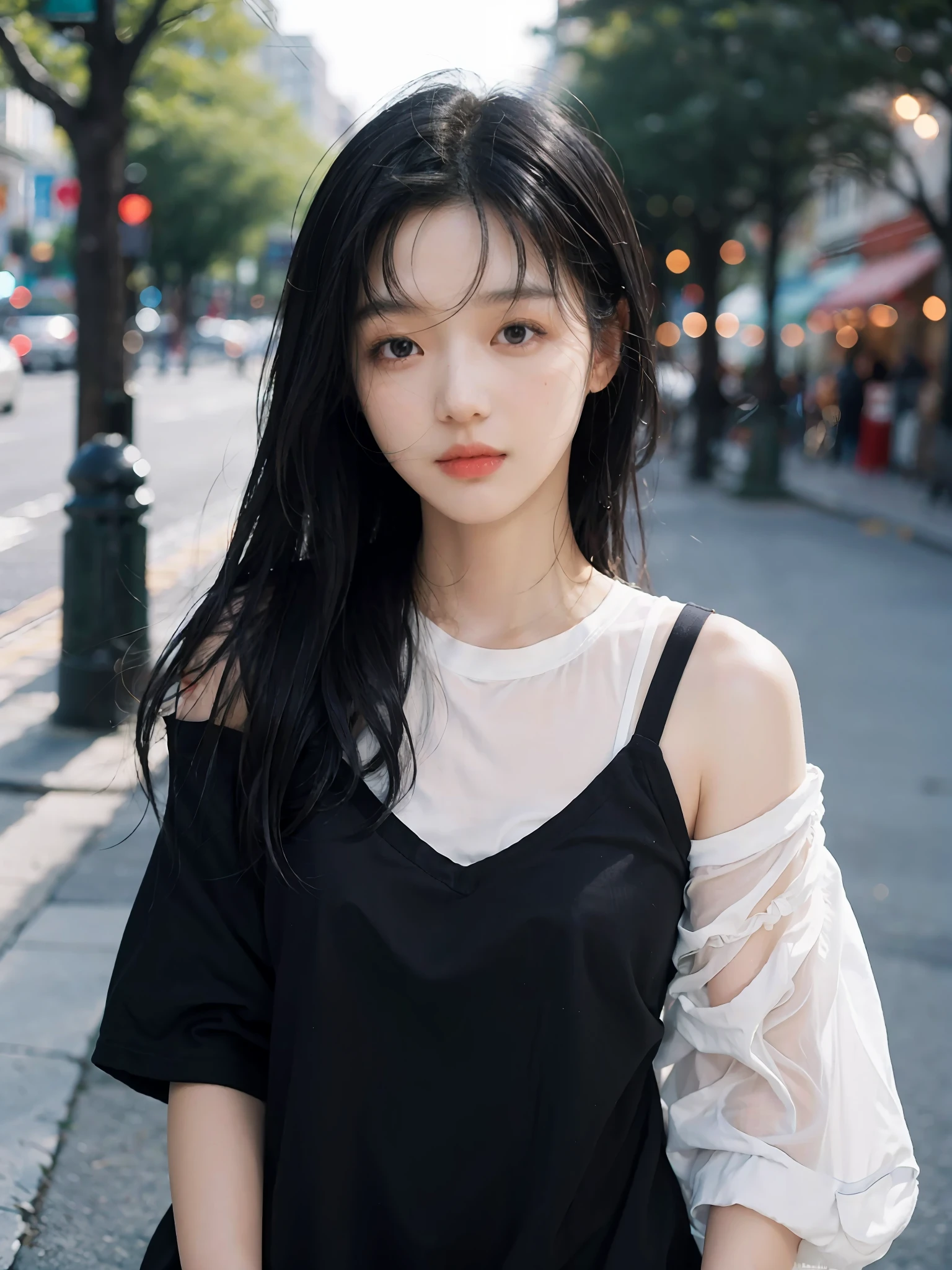 centered, award winning over shoulder photography, (detailed face), | woman, solo, long black hair, bangs, looking at viewer, | casual outfit, realistic clothes, | bokeh, depth of field, | ,so-hyun,woman ,detailed eyes,woman,innocent face