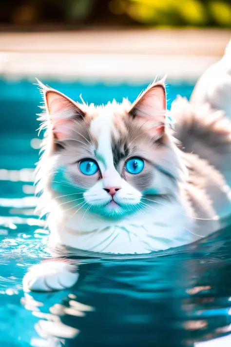 Cute Ragdoll cat kitten,swimming in the pool,body is wet,narrow eyes,smile,eos r3 28mm