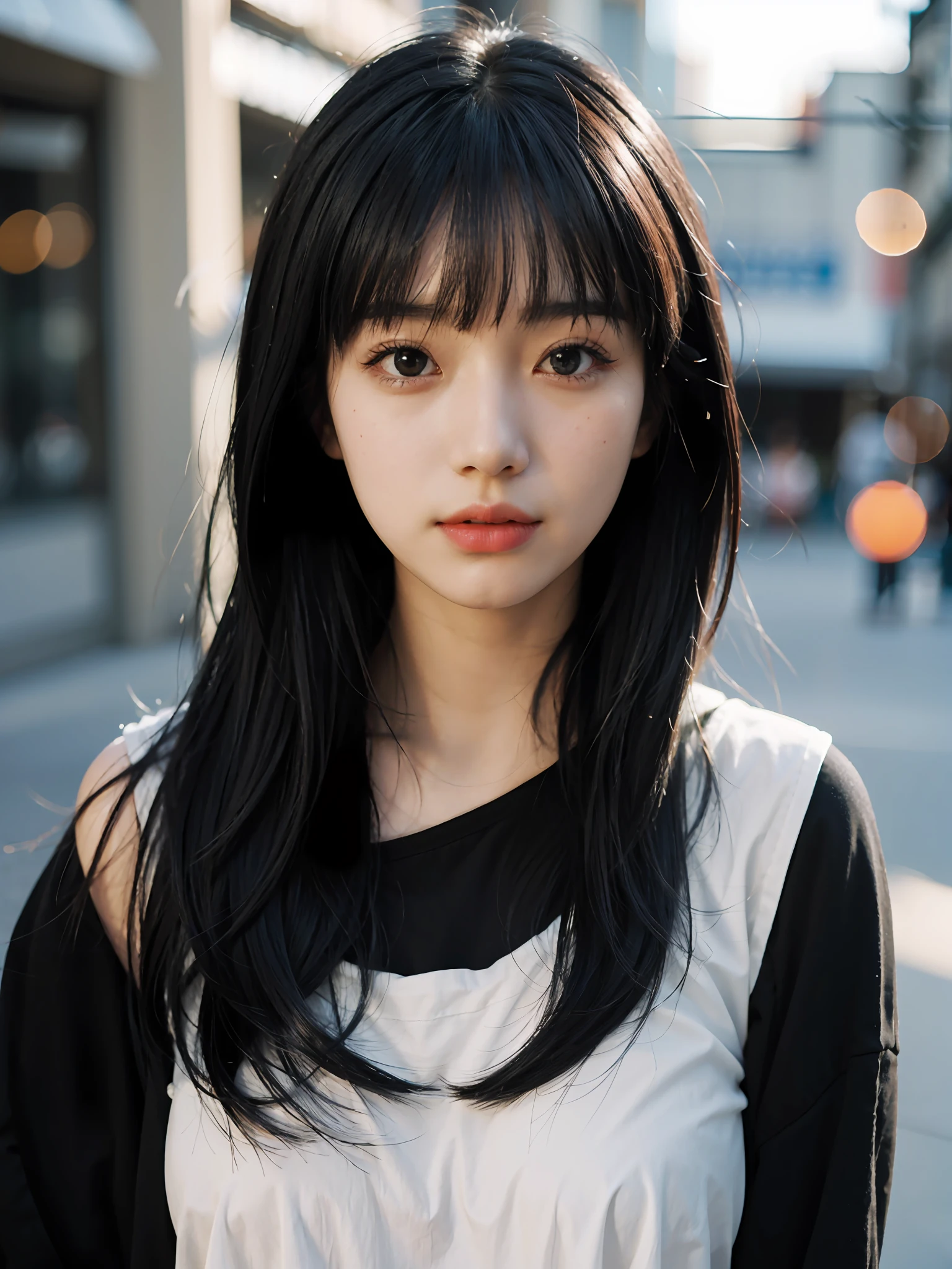 centered, award winning over shoulder photography, (detailed face), | woman, solo, long black hair, bangs, looking at viewer, | casual outfit, realistic clothes, | bokeh, depth of field, | ,so-hyun,woman ,detailed eyes,woman,innocent face