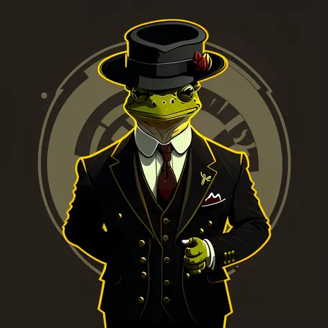 A frog in peaky blinder style, suit, drawing, vectorized, logo, minimalist, cartoon,(high quality))((artwork)) dark background -...