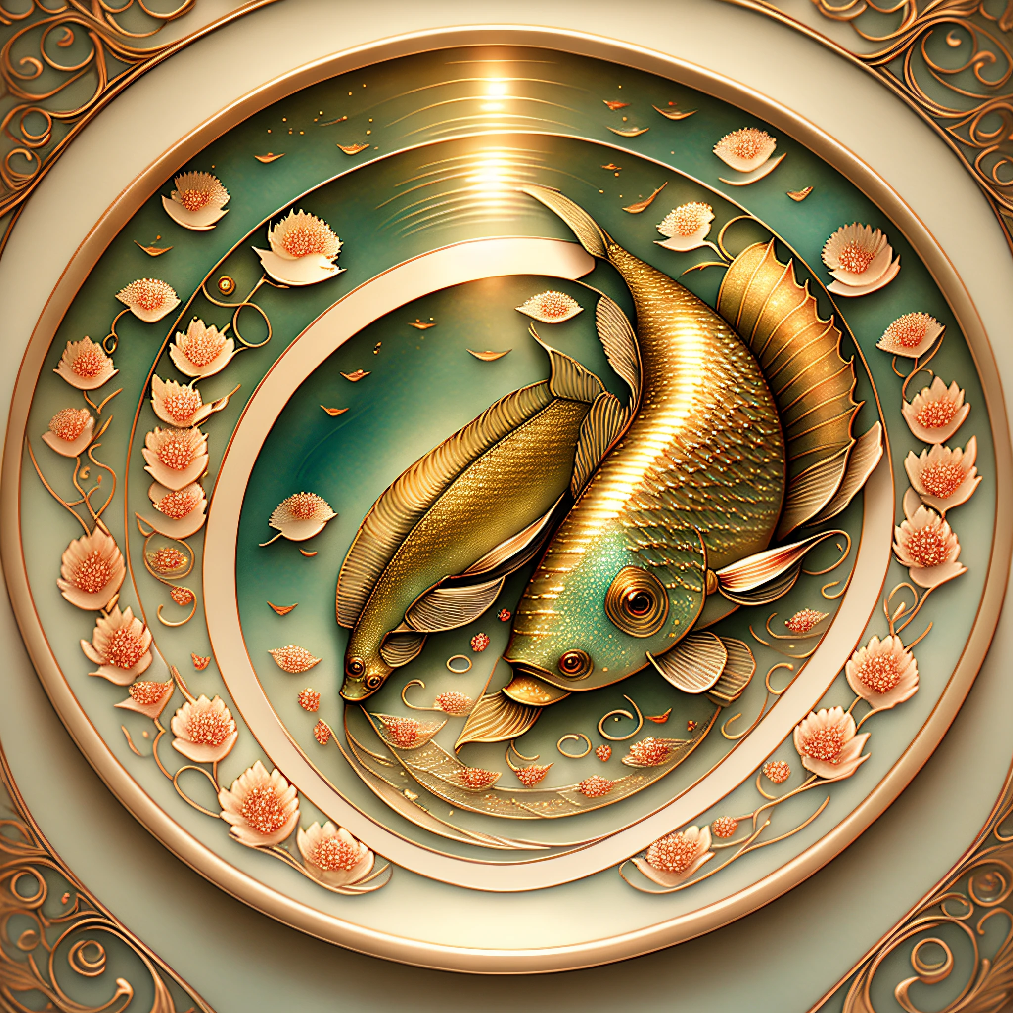 两条美丽的鲤鱼在水中游动, 见面, 复杂的细节, 令人惊叹的效果图, 以光芒四射的方式, 灵感来自 Kinuko Y. 工艺, 魔法元素, 鲤鱼图标,