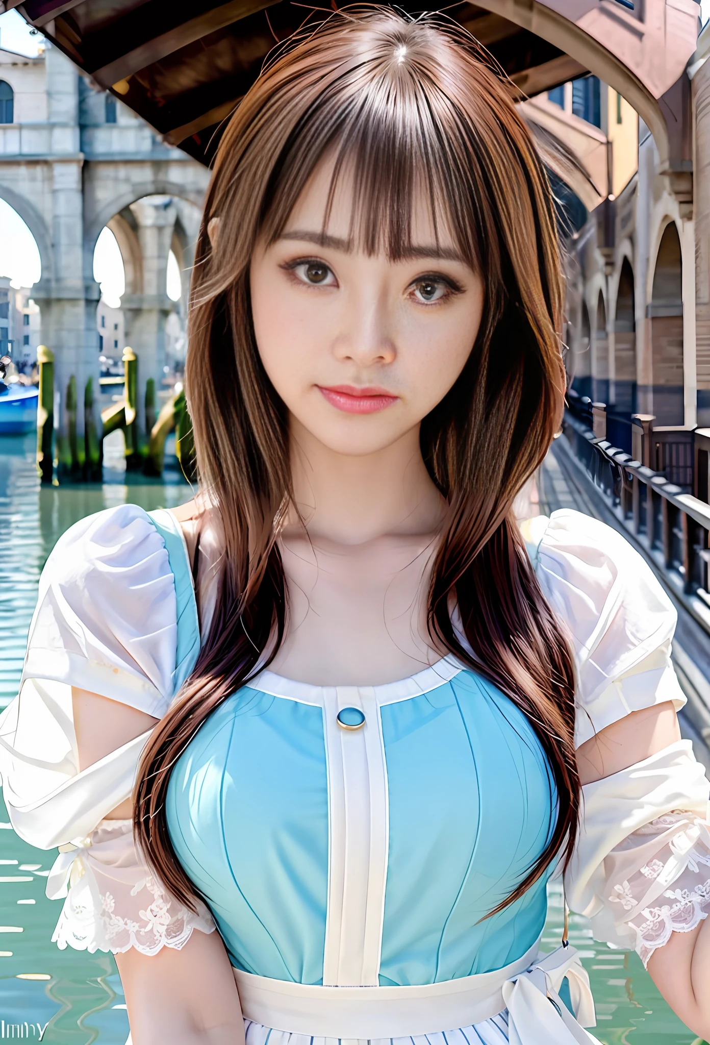 modelshoot style, (extremely detailed CG unity 8k wallpaper), full shot body photo of the most beautiful artwork in the world, stunningly beautiful photo realistic cute women, a hyper realistic ultra detailed photograph of a beautiful girl as a female 2020s dancer on the boat of 2020s Venice,(Bridge Of Sighs background),(princess eyes,shiny pupils), detailed symmetric beautiful hazel eyes, detailed gorgeous face,highly detailed, vibrant,professional majestic oil painting by Ed Blinkey, Atey Ghailan, Studio Ghibli, by Jeremy Mann, Greg Manchess, Antonio Moro, trending on ArtStation, trending on CGSociety, Intricate, High Detail, Sharp focus, dramatic, photorealistic painting art by midjourney and greg rutkowski