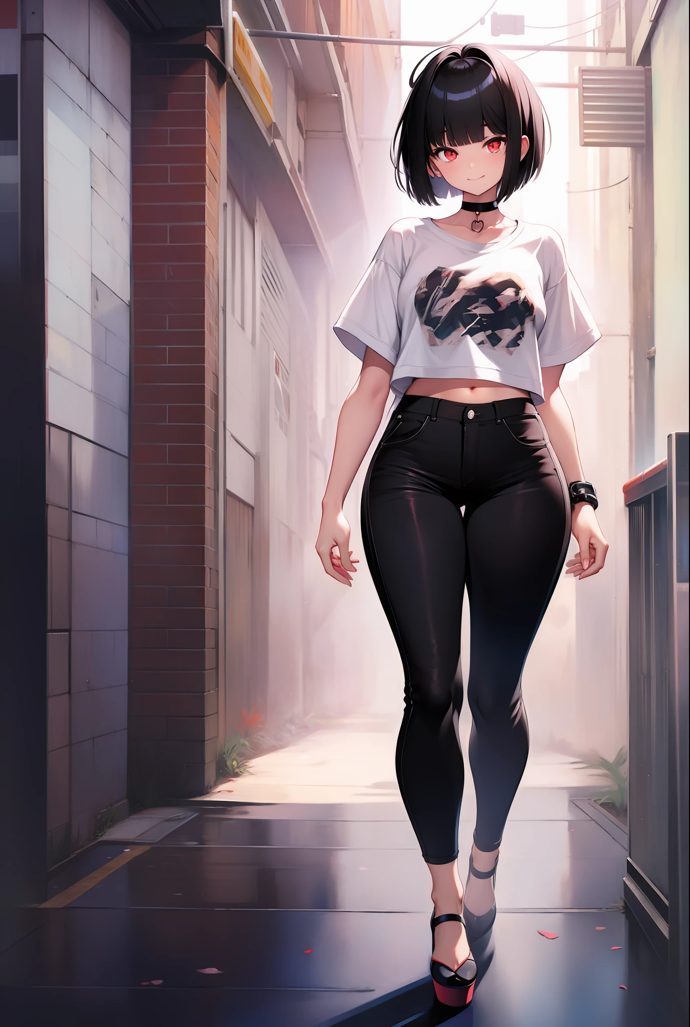 Curvy guy with short black hair and dull red eyes and flat chest wearing a choker, happy, , bare legs, wide hips, bangs, (flat chest), ((flat chest)), bangs, white t-shirt, black pants, platform high heels, solo, mature body, casual, full body