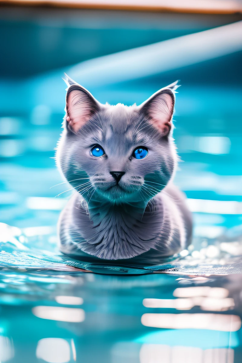 Adorable chaton Russe Bleu,nageant dans la piscine,le corps est mouillé,Yeux étroits,sourire,eos r3 28mm