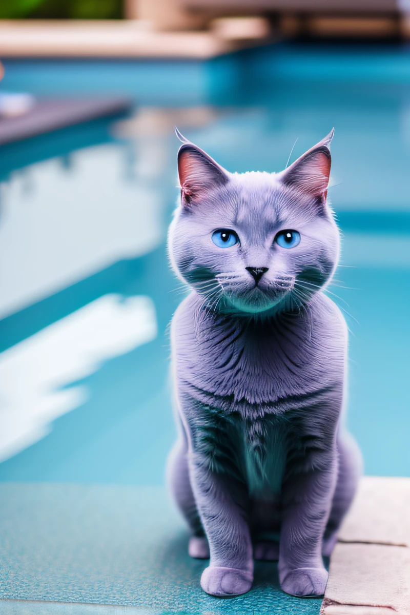 Lindo gatito gato azul ruso,Nadando en la piscina,el cuerpo esta mojado,Ojos estrechos,sonrisa,eos r3 28mm