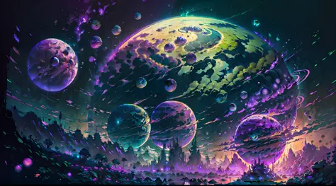 Green planets in a solar system from a purple sun, mists and cosmic dust, movie lus, artwork, painting.