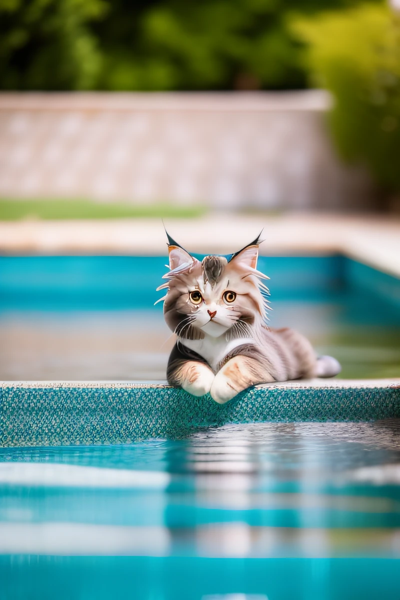 Süßes Maine Coon Kätzchen,im Pool schwimmen,Körper ist nass,schmale Augen,lächeln,eos r3 28mm