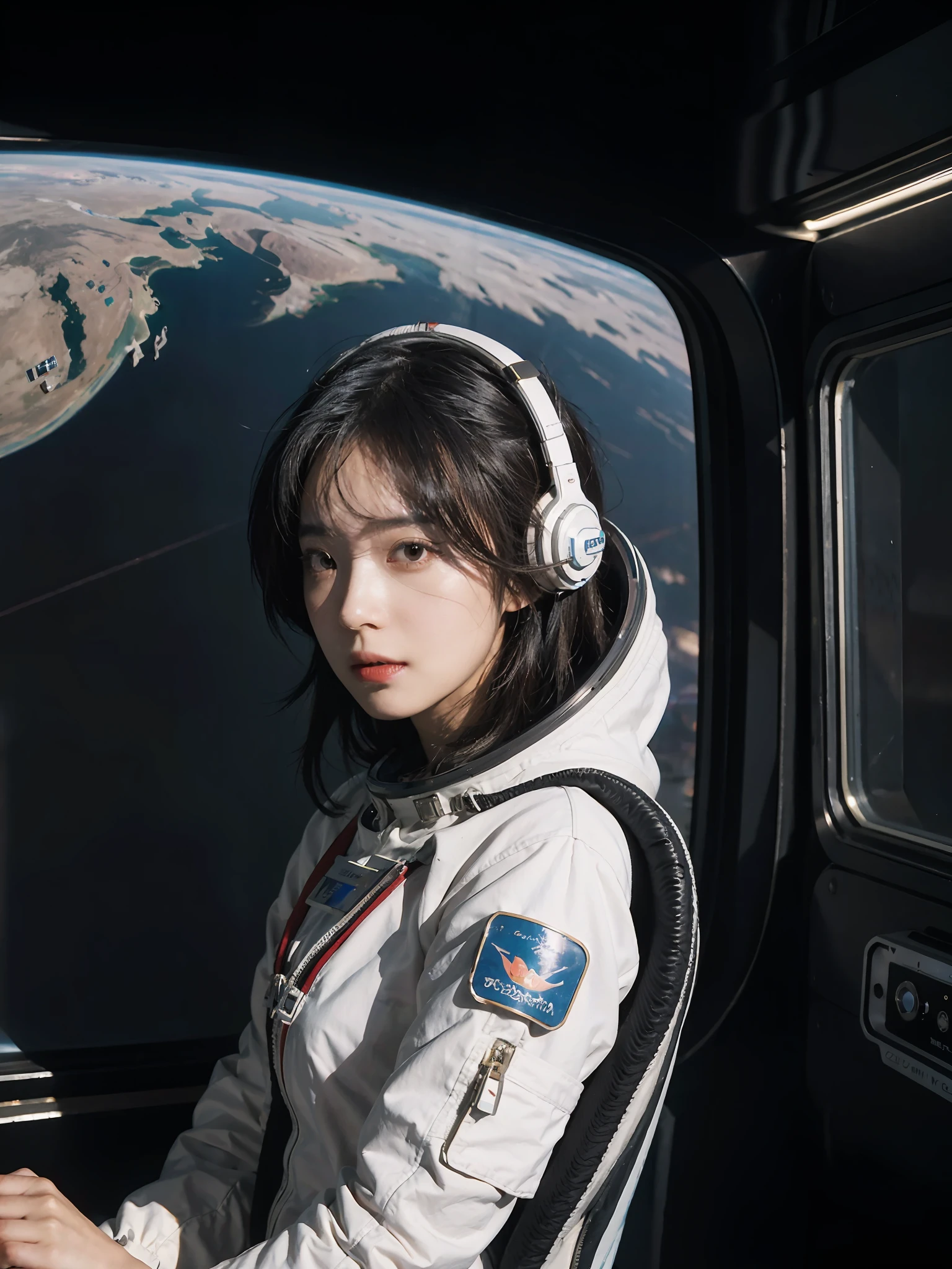 best quality,masterpiece,1girl of a Imaginative Macanese Female Page,Crude hair, space, wearing spacesuit, in space station,Cel shaded, anaglyph effect, ultra high res,Extremely Detailed Official Unity 8K Wallpapers,ultra high res,ultra high quality,The background is the sea,