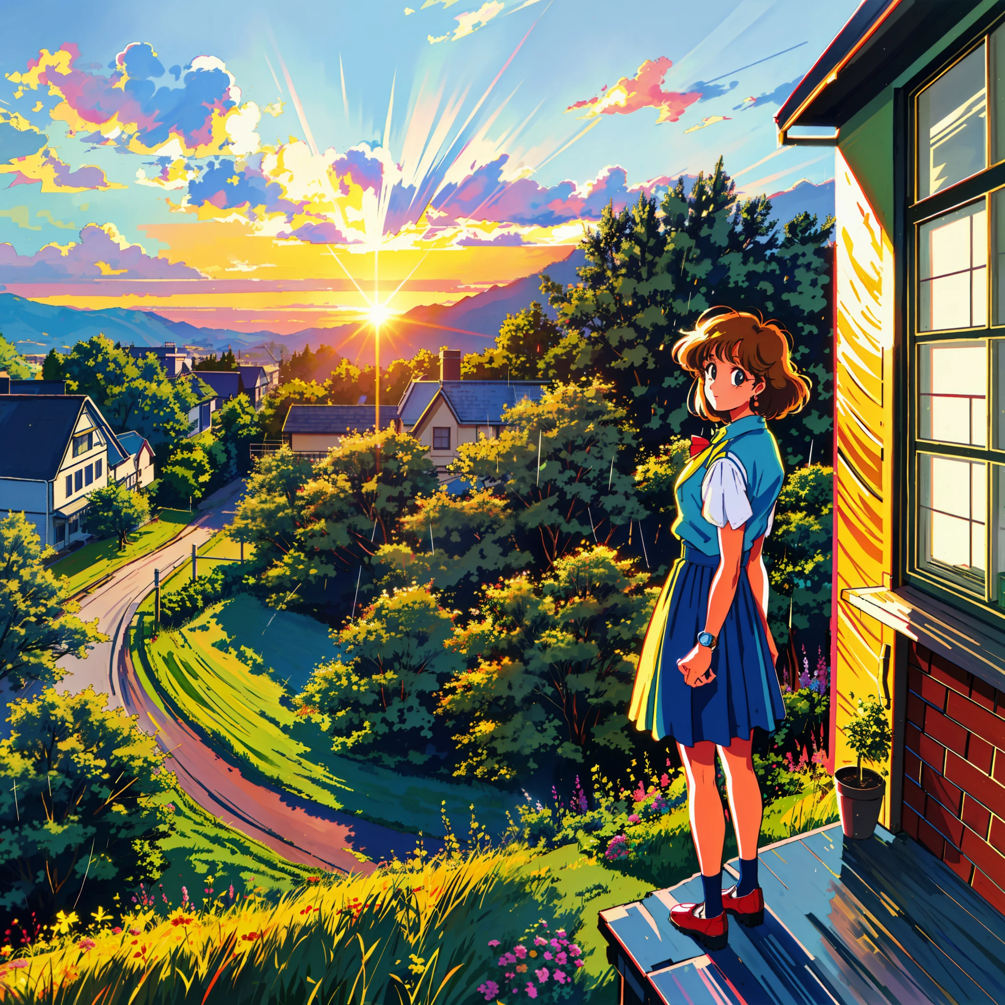 Camera angle from behind, in a small house at the top of a hill, a young woman in her early 20s, with 80s styled hair, watches the sunset from the top of the hill, at the porch of her house, wind moves the grass, sky is bright with the sun rays coming from the horizon, a partial rain is still falling, the hair of the girl is taken by the wind, 1980s analogue picture, retro, film grain, (seizo watase style:0.9), the porch is at the picture with a balcony where the girl stands, she looks directly at the sun, view from behind her head, 1980s