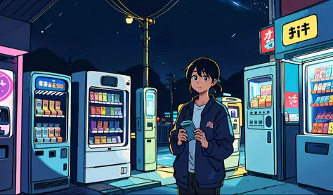 Girl in her 20s, (with vending machines lined up), Japan, ((night)), 90s,
(Best Quality: 0.8), (Best Quality: 0.8), Perfect Anim...
