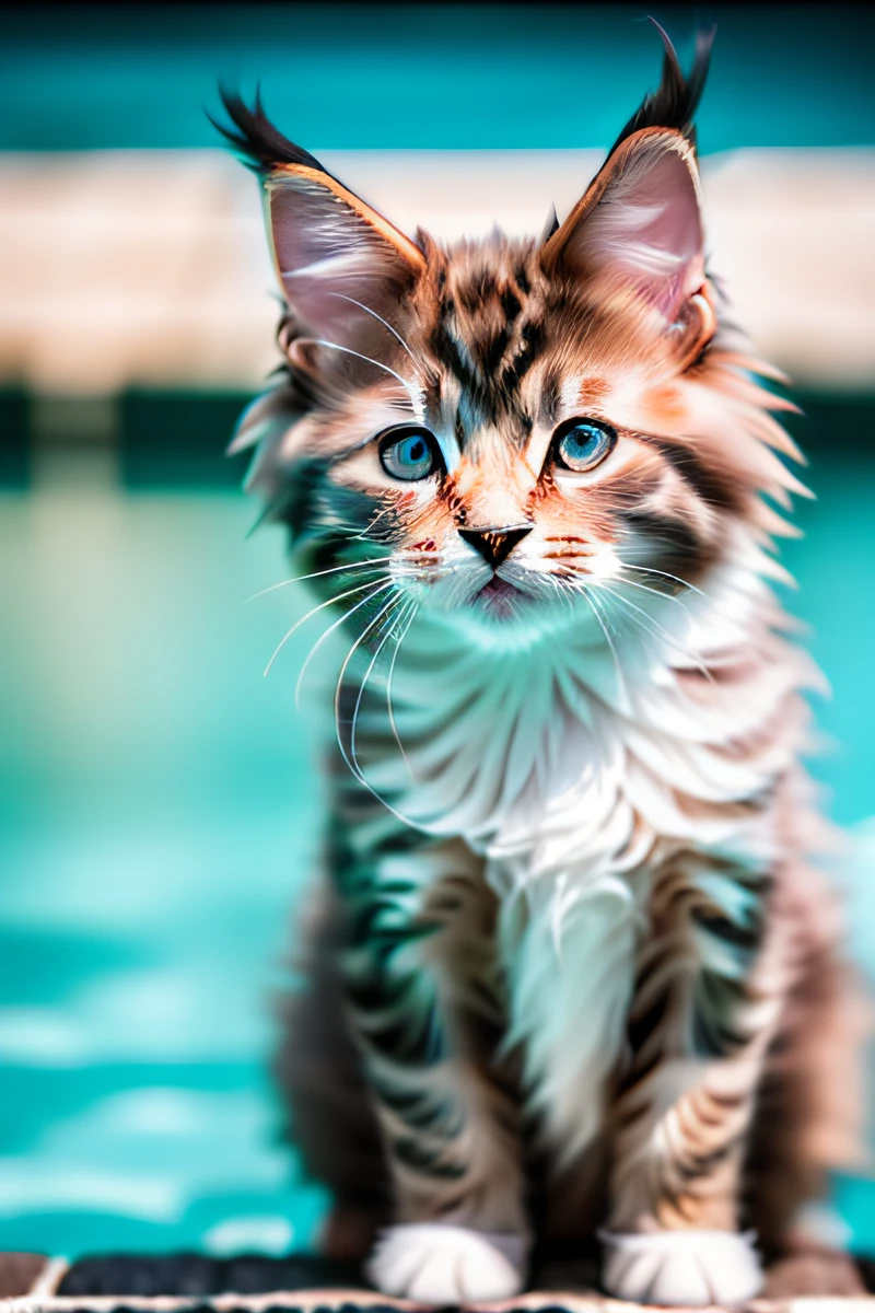 Gatinho bonito do gato Maine Coon,nadando na piscina,Olhos estreitos,sorriso,eos r3 28mm