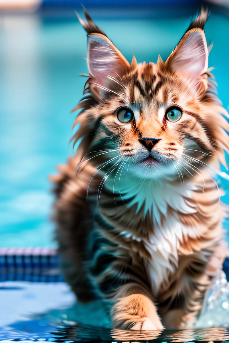 Gatinho bonito do gato Maine Coon,nadando na piscina,Olhos estreitos,sorriso,eos r3 28mm