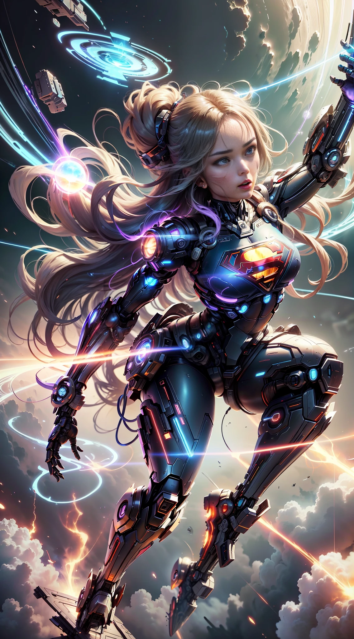 ((Best quality)), ((Supergirl's masterpiece)), (highly detailed:1.3), 3D, beautiful, (cyberpunk:1.2), in space, nebulous, holding_weapon, laser, (1Female Mecha:1.3), sexy body, facing the audience, bright blue eyes, full body, blonde, (flying, descending, dynamic, motion blur: 1.4), (huge wings of wicks: 1.6), looking up, glowing_eyes, mecha, panorama, background is earth,  nebula, space, particles, Reality, HDR (High Dynamic Range), Ray Tracing, NVIDIA RTX, Super Resolution, Unreal 5, Subsurface Scattering, PBR Textures, Post-Processing, Anisotropic Filtering, Depth of Field, Maximum Clarity and Clarity, Multilayer Textures, Albedo and Specular Maps, Surface Shading, Accurate Simulation of Light-Material Interaction, Perfect Proportions, Octane Render, Two-Tone Lighting, Large Aperture, Low ISO,  white balance, rule of thirds, 8K RAW, efficient sub-pixel, sub-pixel volume product, (best quality), (Japanese: 0.5), (Korean: 0.8), (Liu Yi Fei: 1.5) long hair, (big chest: 1.2) wearing superman's S on the chest. --auto --s2