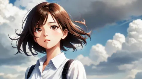 Very detailed and precise anime style illustration, very cute woman, face close-up, brown short hair, wearing a white shirt, per...