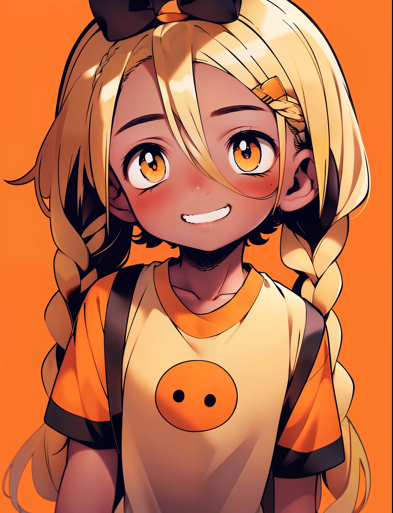 solo, smile, one eye closed, braid, long hair, blonde hair, orange background, short sleeves, shirt, simple background, looking at viewer, 1girl, grin, twin braids, red shirt, blush, upper body, male focus, orange eyes, heart, wristband,