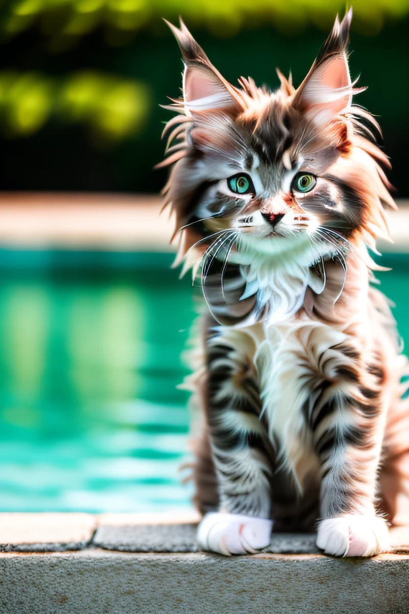 Süßes Maine Coon Kätzchen,im Pool schwimmen,Gebell,schmale Augen,lächeln,eos r3 28mm