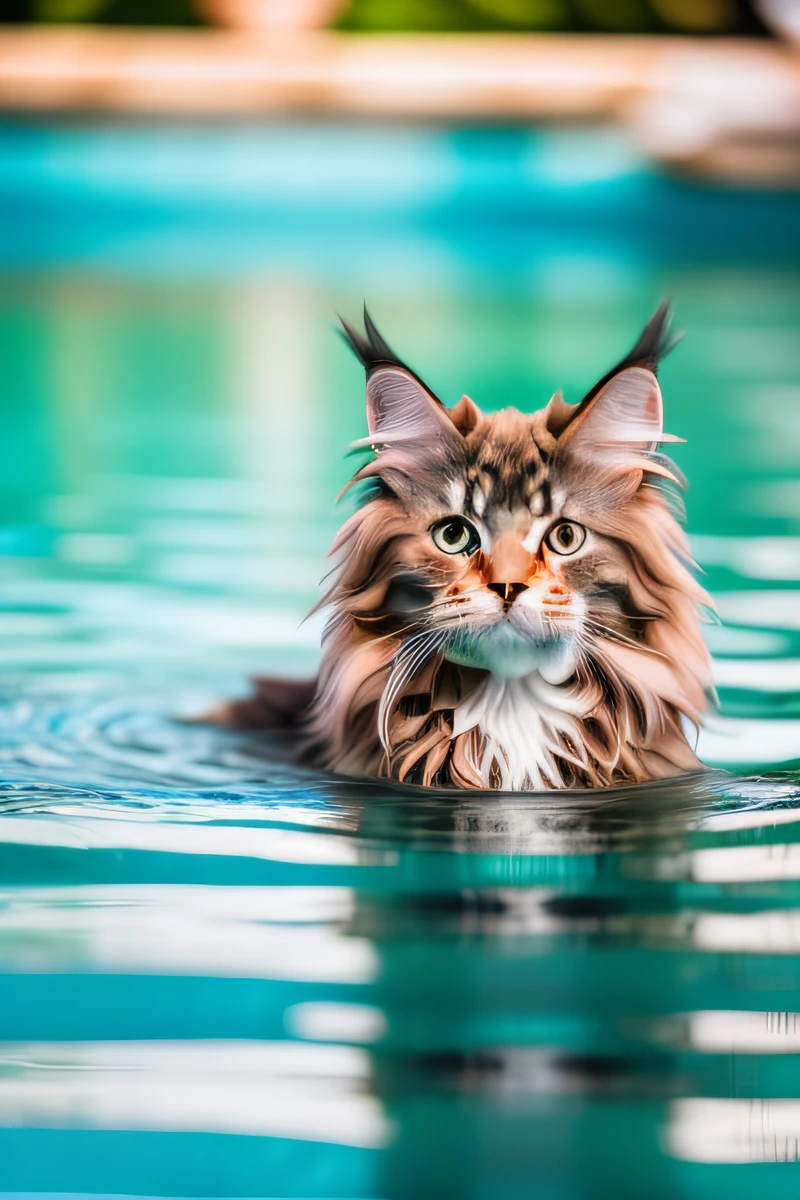 Süßes Maine Coon Kätzchen,im Pool schwimmen,Gebell,schmale Augen,lächeln,eos r3 28mm