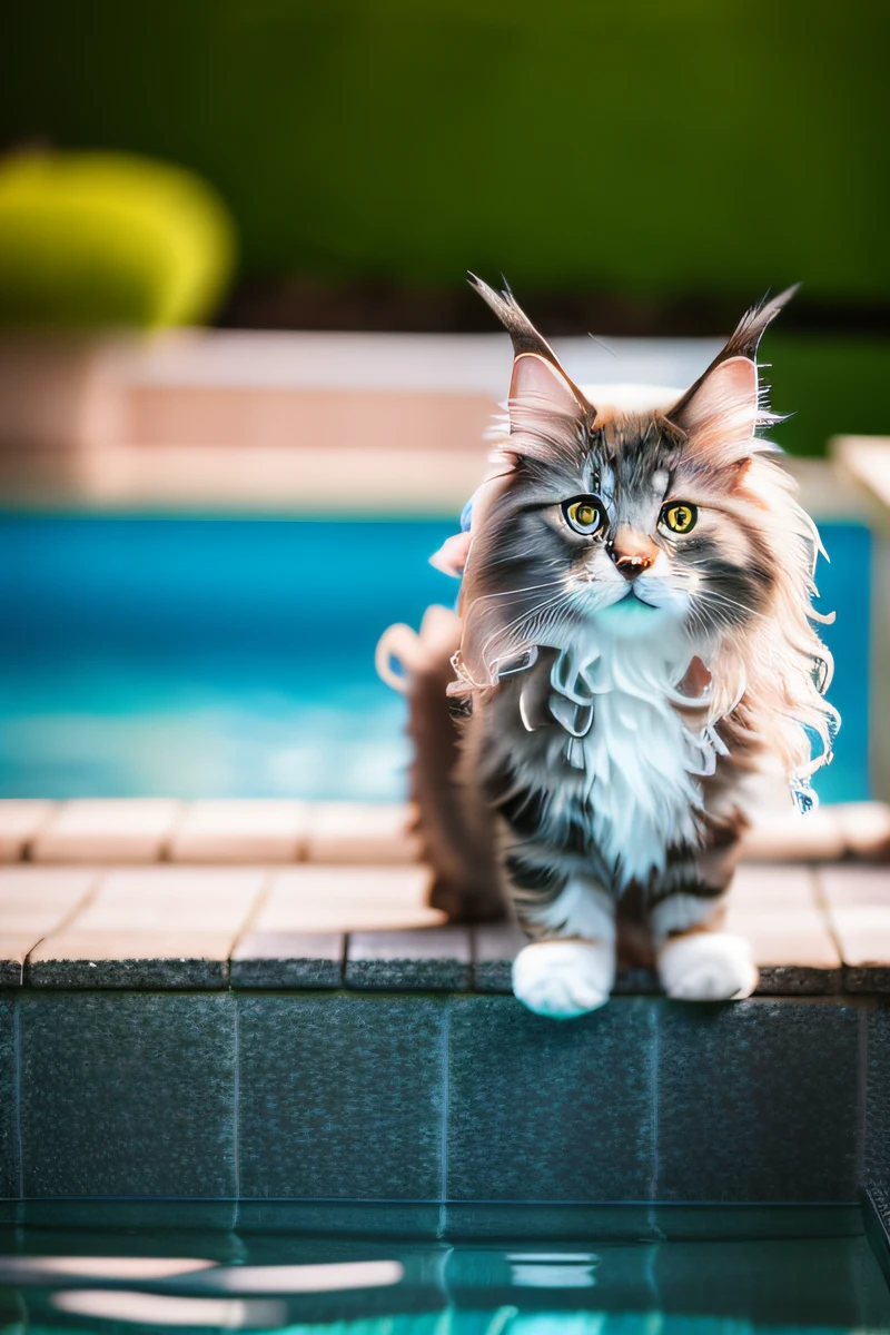 Süßes Maine Coon Kätzchen,im Pool schwimmen,Gebell,schmale Augen,lächeln,eos r3 28mm