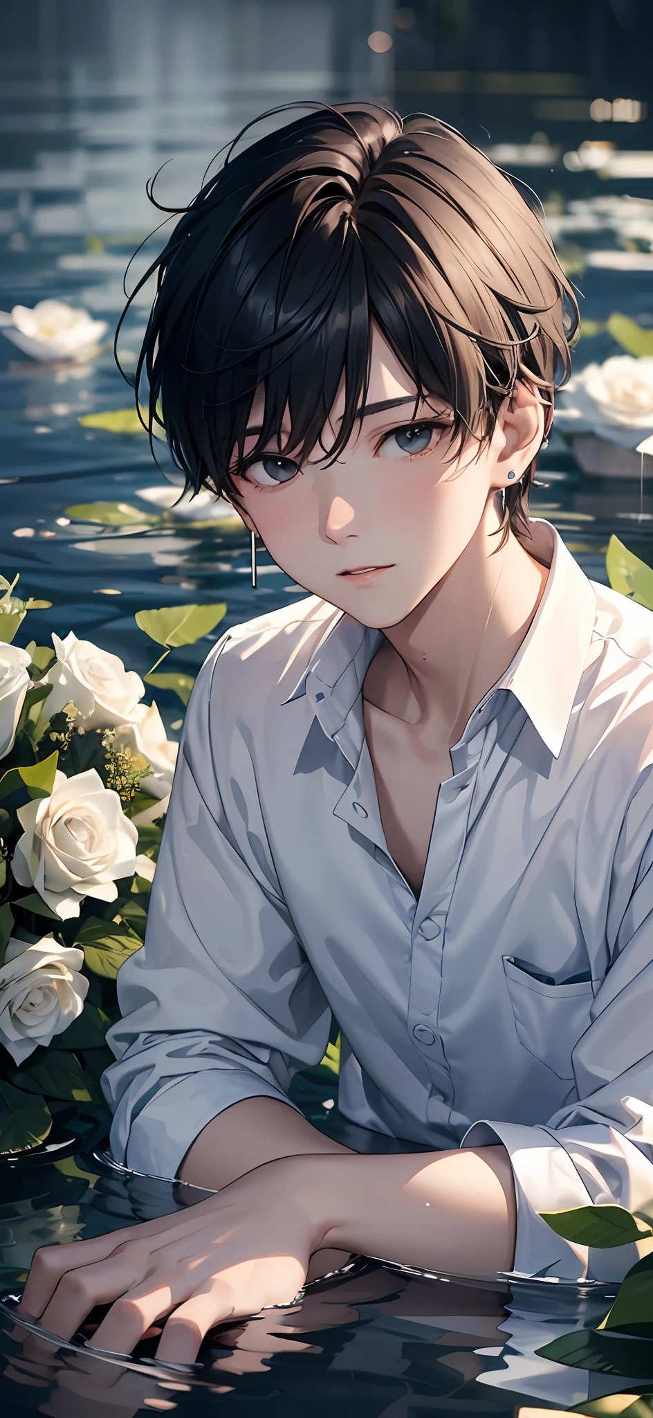 1boy, boy, teenager, young man, physically based rendering, professional lighting, extreme detail, white shirt, bouquet, cross earrings, lying on the water, high brightness, refreshing, soft light