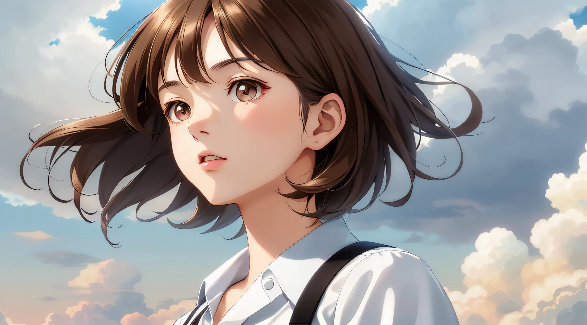 Very detailed and precise anime style illustration, very beautiful young woman, face close-up, brown short hair, wearing a white shirt, perfect round gray eyes, looking up to the heavens and eyes open, the background is fantastic gray bad weather sky and clouds, windy, very strong backlight, fantastic scene.