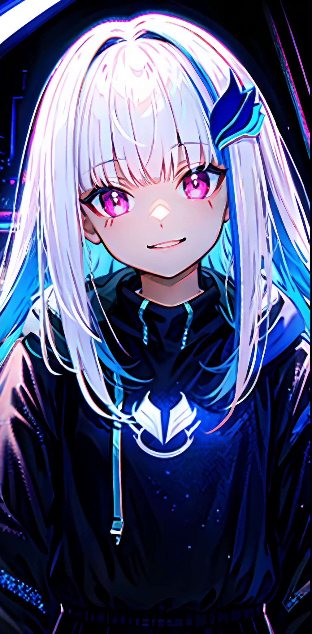 detailed background, masterpiece, top quality, smile, ornament, hoodie, portrait, blue neon, graffiti, dark, night, glowing eyes, black light,long hair,pink eyes