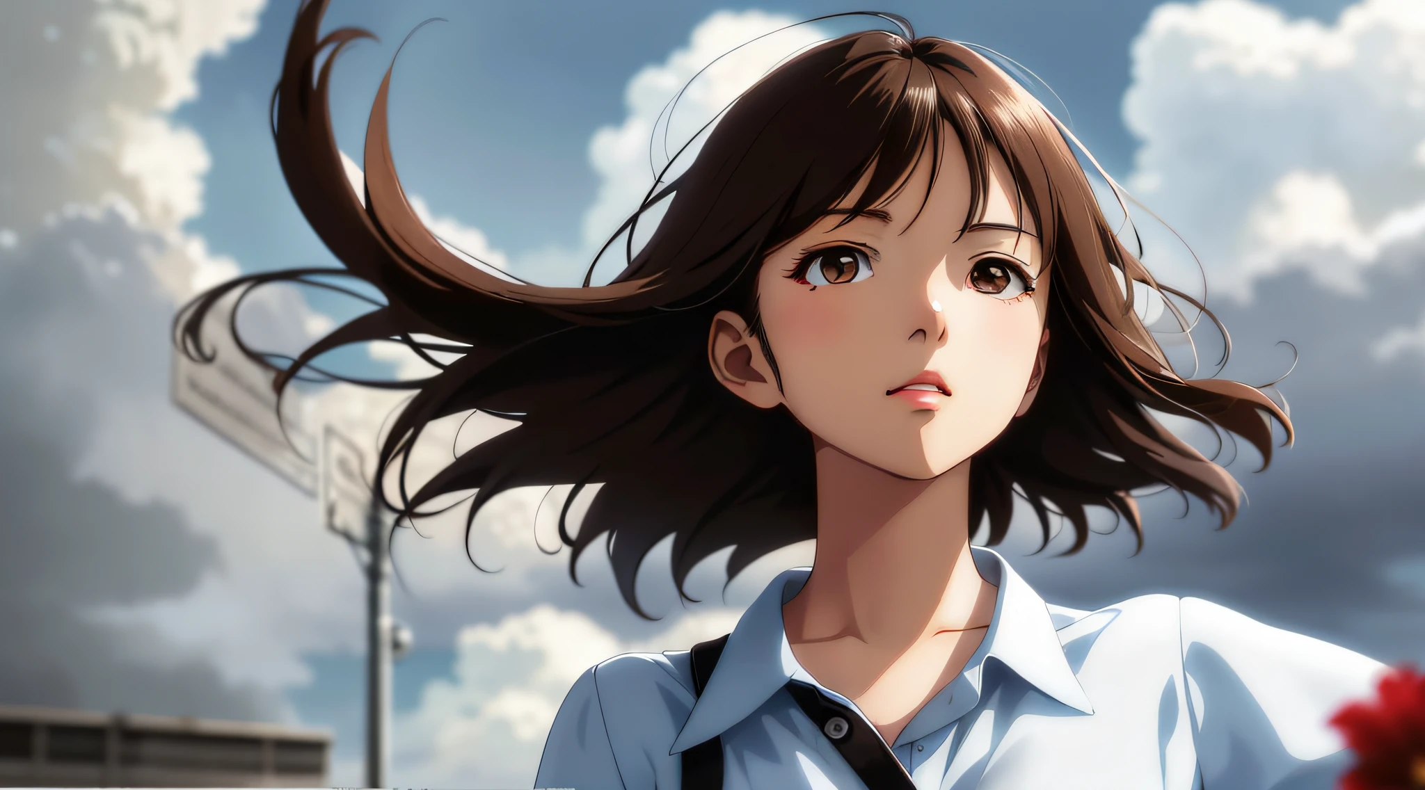 Ilustración de estilo anime muy detallada y precisa., Mujer joven muy hermosa, primer plano de la cara, pelo corto castaño, vistiendo una camisa blanca, Perfectos ojos grises redondos, mirando al cielo y con los ojos abiertos, el fondo es fantástico cielo gris con mal tiempo y nubes, Ventoso, retroiluminación muy fuerte, escena fantástica.