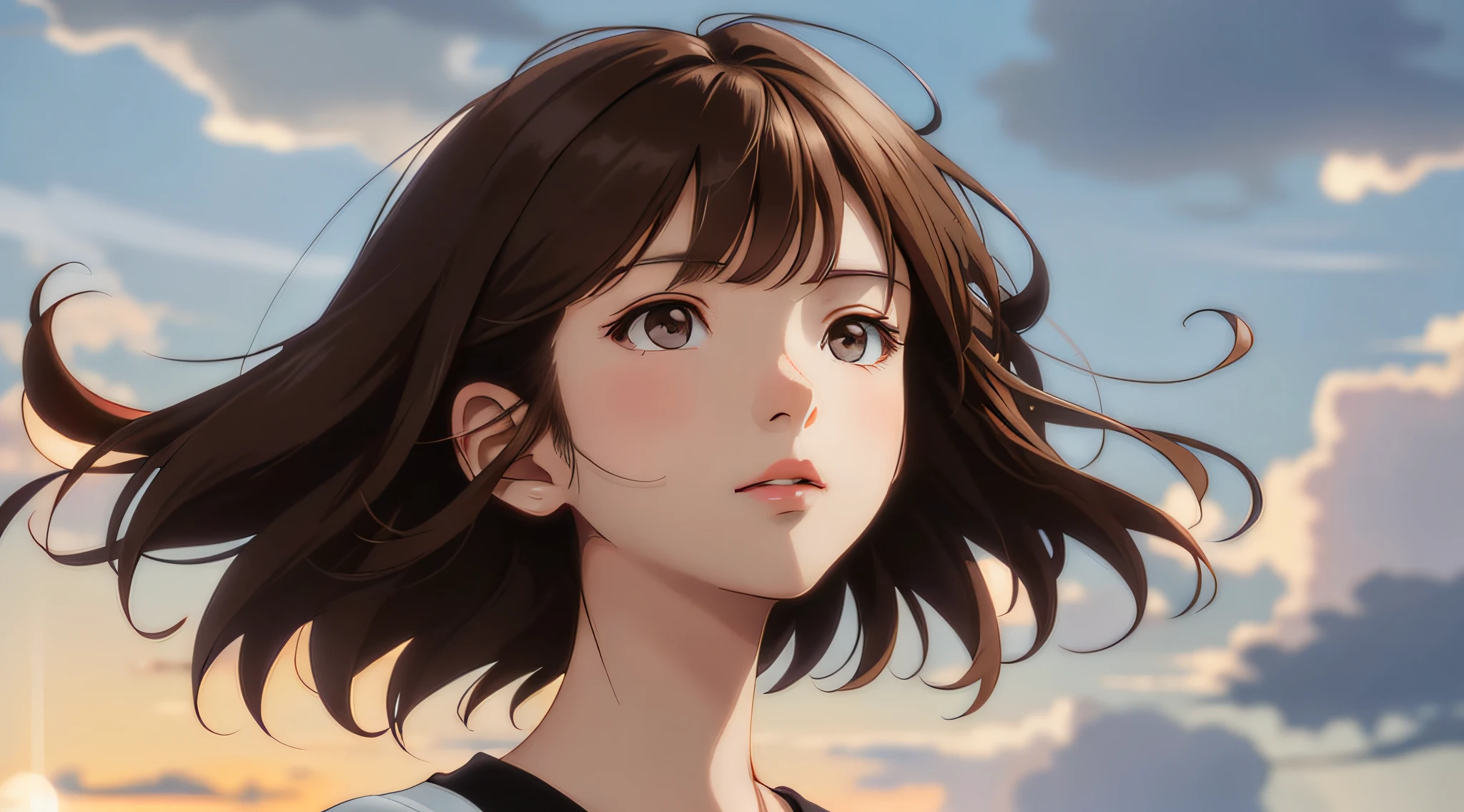 Very detailed and precise anime style illustration, very beautiful young woman, face close-up, brown short hair, wearing a white shirt, perfect round gray eyes, looking up to the heavens and eyes open, the background is fantastic gray bad weather sky and clouds, windy, very strong backlight, fantastic scene.