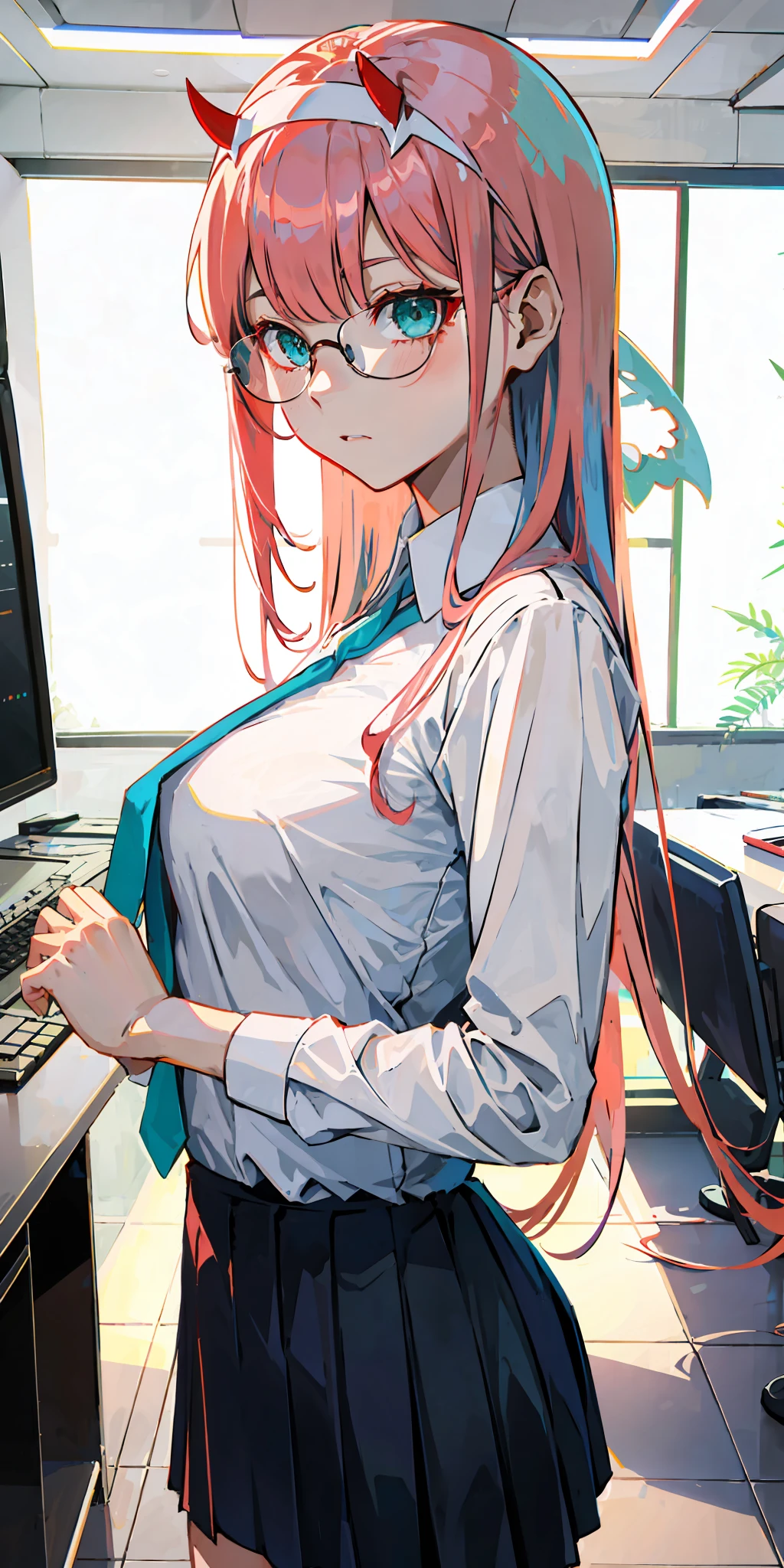 zero two \(darling in franxx\), darling in franxx, 1girl, bangs, glasses, bite, shadow, long hair, small breasts, green eyes, large thighs, white shirt, blue tie, skirt, makeup, shy, pair of small red horns, pink hair, red eyeshadow, skin, solo