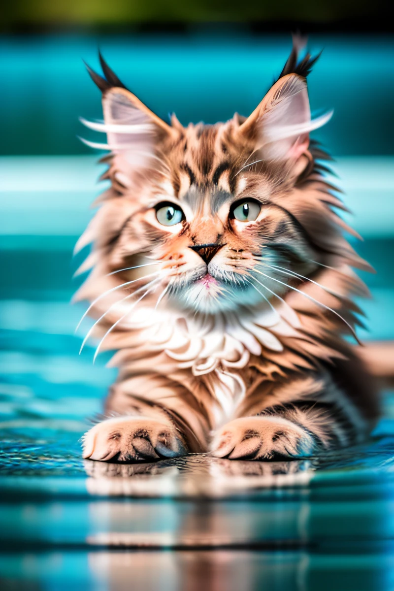 Süßes Maine Coon Kätzchen,im Pool schwimmen,Gebell,schmale Augen,lächeln,eos r3 28mm