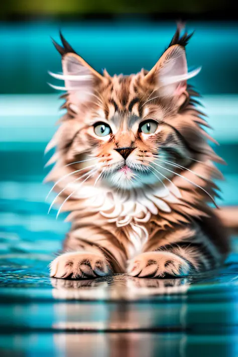 Cute Maine Coon cat kitten,swimming in the pool,barking,narrow eyes,smile,eos r3 28mm