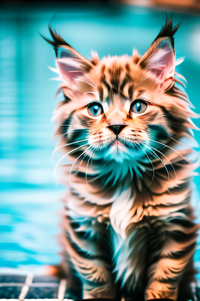 Süßes Maine Coon Kätzchen,im Pool schwimmen,Gebell,schmale Augen,lächeln,eos r3 28mm