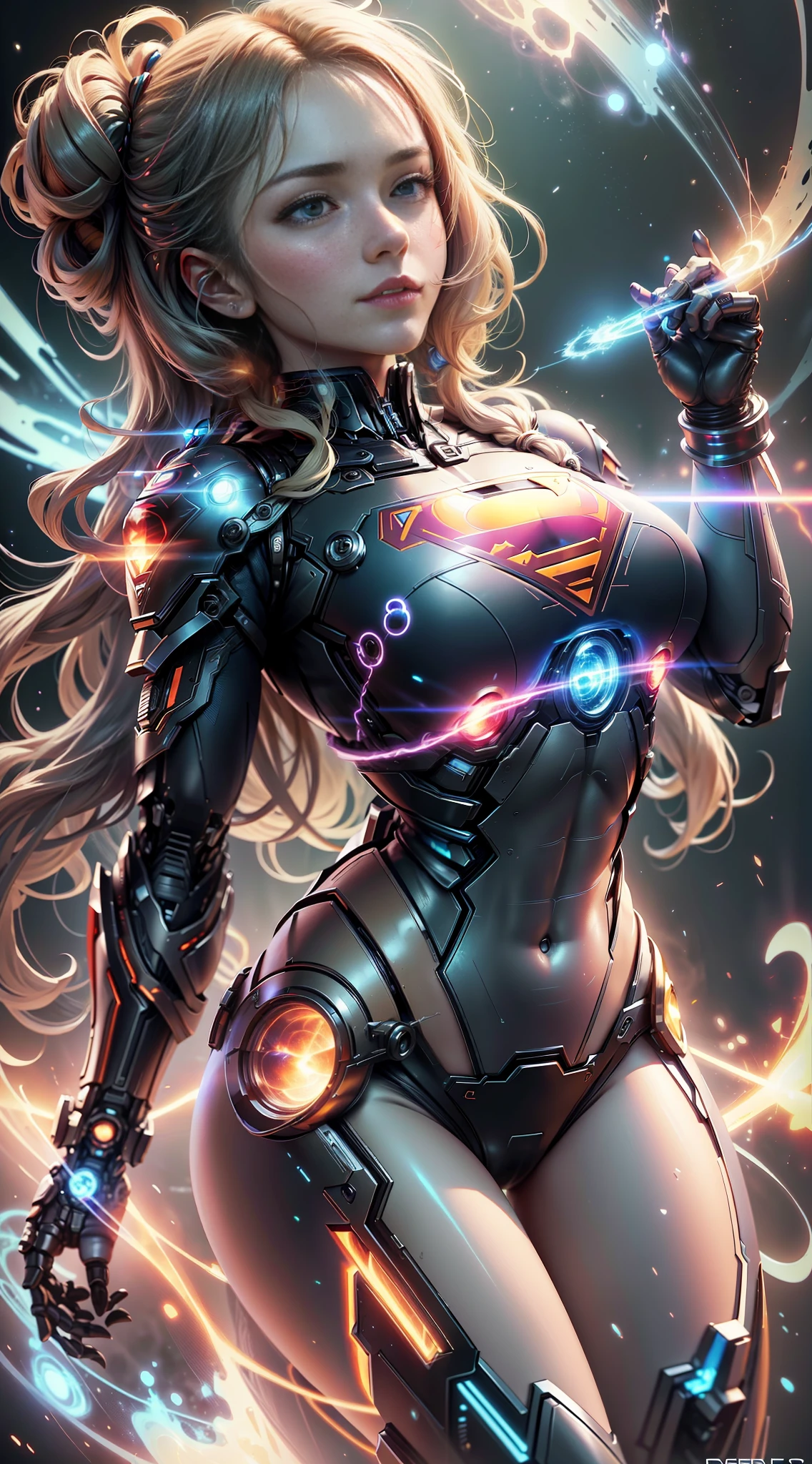 ((Best quality)), ((Supergirl's masterpiece)), (highly detailed:1.3), 3D, beautiful, (cyberpunk:1.2), in space, nebulous, holding_weapon, laser, (1Female Mecha:1.3), sexy body, facing the audience, bright blue eyes, full body, blonde, (flying, descending, dynamic, motion blur: 1.4), (huge wings of wicks: 1.6), looking up, glowing_eyes, mecha, panorama, background is earth,  nebula, space, particles, Reality, HDR (High Dynamic Range), Ray Tracing, NVIDIA RTX, Super Resolution, Unreal 5, Subsurface Scattering, PBR Textures, Post-Processing, Anisotropic Filtering, Depth of Field, Maximum Clarity and Clarity, Multilayer Textures, Albedo and Specular Maps, Surface Shading, Accurate Simulation of Light-Material Interaction, Perfect Proportions, Octane Render, Two-Tone Lighting, Large Aperture, Low ISO,  white balance, rule of thirds, 8K RAW, efficient sub-pixel, sub-pixel volume product, (best quality), (Japanese: 0.5), (Korean: 0.8), (Liu Yi Fei: 1.5) long hair, (big chest: 1.2) wearing superman's S on the chest. --auto --s2