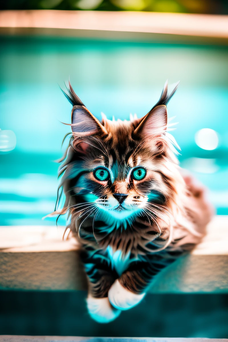 Lindo gatito gato Maine Coon,Nadando en la piscina,ladrido,Ojos estrechos,sonrisa,eos r3 28mm