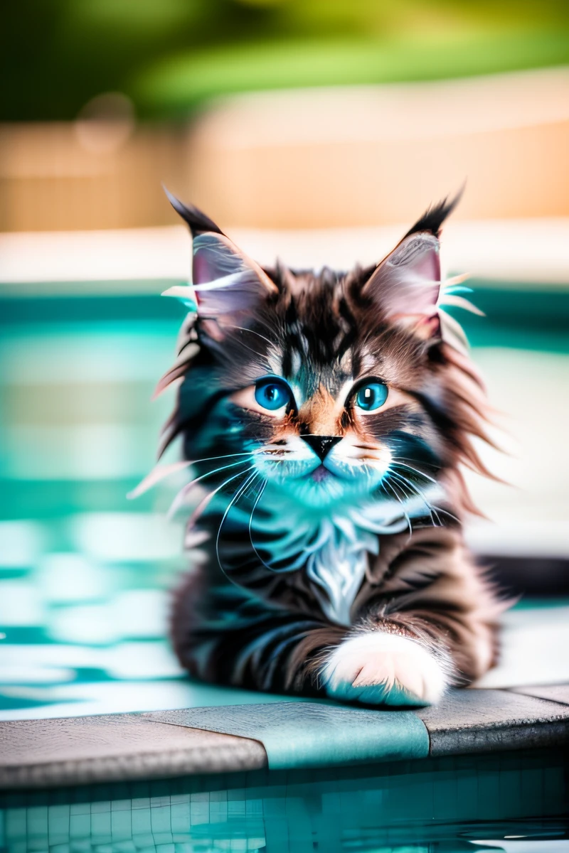 Hyperqualität,Süßes Maine Coon Kätzchen,im Pool schwimmen,Gebell,schmale Augen,lächeln,eos r3 28mm