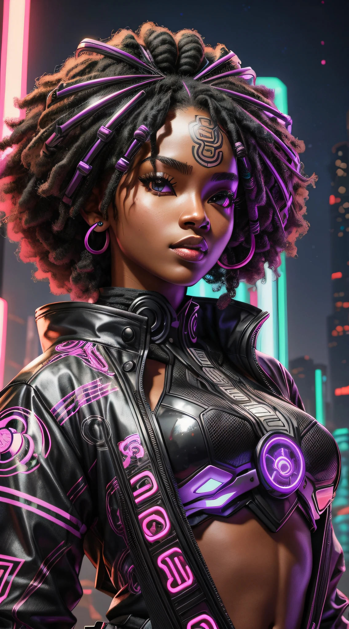 "Beautiful black woman, exuberant and dressed in high-quality Afrosamurai Techwear clothing, in a futuristic and cool setting, with neon lights and contrasting shadows."