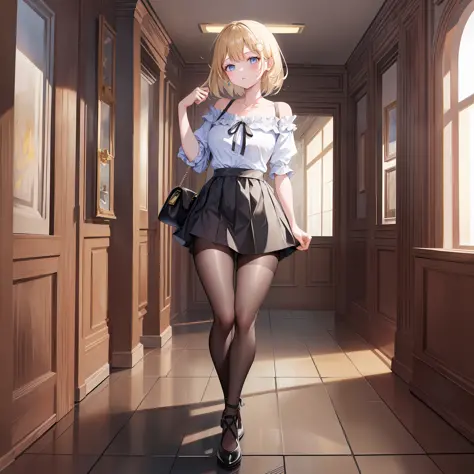 ((Masterpiece)), (Best Quality), Amelia Watson, amelia_casual, frilled shirt, collarbone, black skirt, pantyhose, (NSFW: 1.5), f...