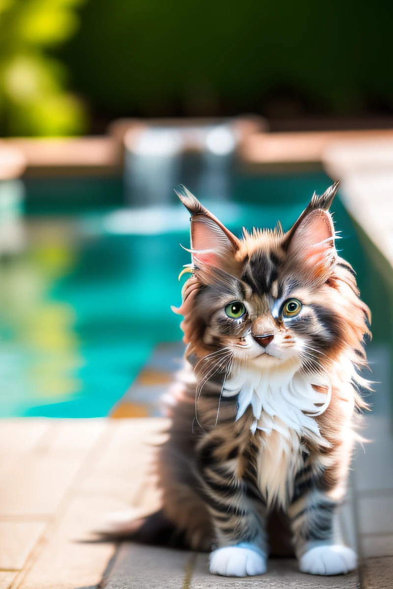 Hyperqualität,Süßes Maine Coon Kätzchen,im Pool schwimmen,Gebell,schmale Augen,lächeln,eos r3 28mm